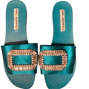Karl Lagerfeld Teal Sandals with Crystal Embellishments